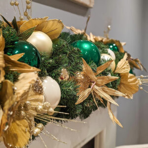 A close up image of an artificial green garland decorated with green, gold, and ivory baubles and floral picks.